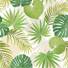 Fototapeta premium Lush seamless pattern of green tropical jungle leaves featuring exotic monstera and palm fronds for a vibrant summer background