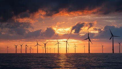 Wind turbines in ocean glow at sunrise