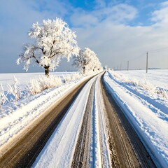 Snowy winter road through frosty trees