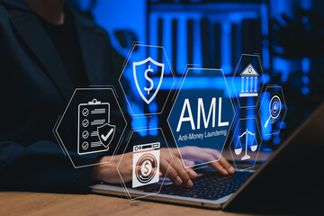 Anti-money laundering (AML) concept with businessperson using laptop and digital icons representing finance security, legal compliance, and regulatory protection against financial crime.