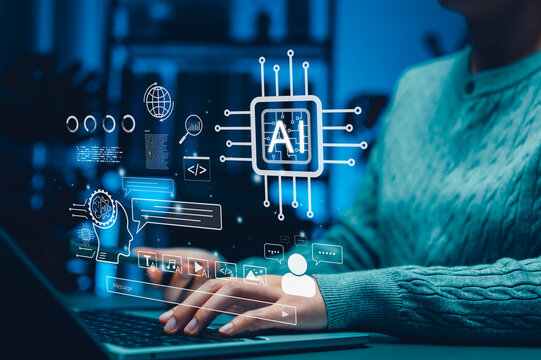 Artificial intelligence concept. Person using laptop with digital interface icons and AI processor representing machine learning, chatbot, smart data technology. Ai agent and assistant app, Agentic AI