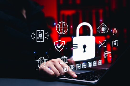 Cybersecurity protection concept with digital lock icon, fingerprint scanner, and secure login interface, representing data privacy, password security, data breach risk, online identity protection,