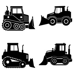 Collection of four black silhouette construction vehicles on a white background design element illustration