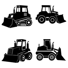 Illustration showing four different types of construction vehicles in black silhouette on a white background