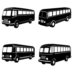 Four black and white bus illustrations displayed in a square format on a white background showing vehicles
