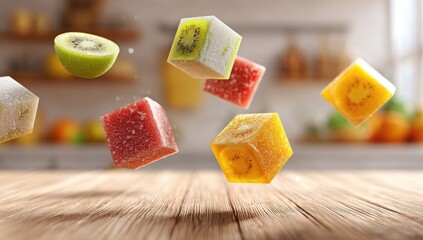 Colorful fruit cubes float above wood table, kitchen background