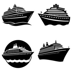 Four black and white cruise ship illustrations in various styles and perspectives on a white background