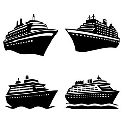 Collection of four cruise ship illustrations in black silhouette on a white background view from the side