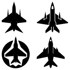 Four black and white fighter jet silhouettes in various angles and design styles on a white background