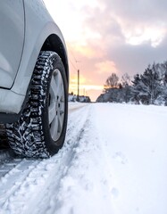 Snowy winter road with a car