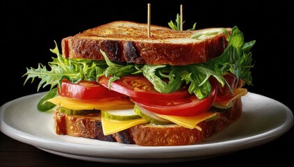 Stacked sandwich, cheese, tomato, lettuce, on white plate