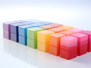 Obraz premium Colorful plastic blocks arranged in neat rows on a white surface during a playful activity