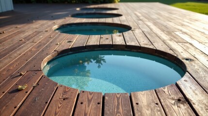 Tranquil outdoor plunge pools nestled into a sun-drenched wooden deck, offering a serene escape