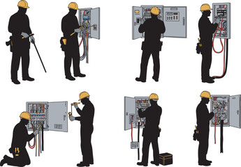 Electrical panel work, technician silhouettes, industrial maintenance poses, black and white vector illustration, wiring inspection graphics, safety helmet workers, engineering task icons