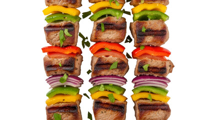 Grilled Meat and Vegetable Skewers with Black Background
