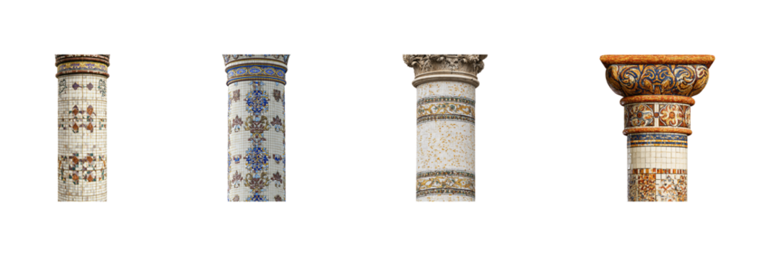 Ornate Mosaic Columns Set. Architectural Design And Cultural Heritage Collection Isolated On Transparent Background