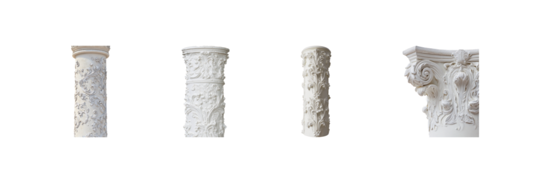 Ornate Architectural Columns Set. Classical Design And Decorative Elements Collection Isolated On Transparent Background