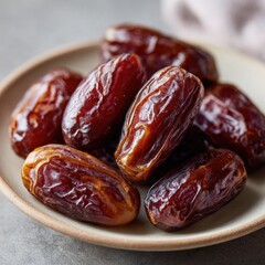Dates on plate, wrinkled, reddish-brown, close-up view