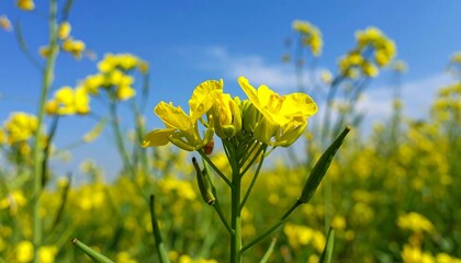 Close-up of vibrant yellow flowers blooming against a blue sky