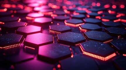 Obraz premium Abstract background with colorful glowing hexagons on dark blue gradient, big data and cyber tech concept in night sky wireframe 