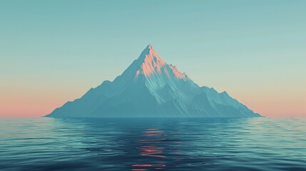 Abstract landscape with sharp mountain peaks, water reflections, blue sky & golden hour lighting, 3D high-resolution rendering
