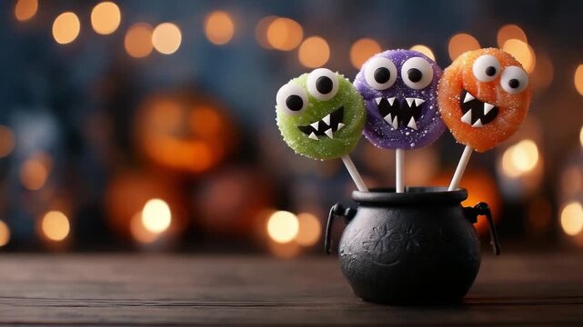Black cauldron with three colorful monster cake pop with bright eye and tooth on blurred background with warm bokeh lights and Halloween decorations. Concept of Halloween treat, candy design.