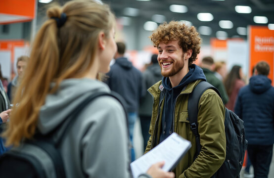 Young smiling student talks with woman at busy career fair. Man with backpack discusses job opportunities at employment expo. Crowd of people network at university event, searching for work, future