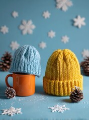 Knit hats on mug & beside, pinecones & snowflakes on blue
