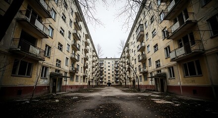 Symmetrical soviet era apartment buildings with a stark empty courtyard and overcast sky
