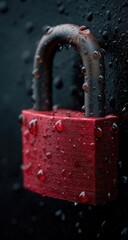 Red padlock, rusty shackle, covered in glistening raindrops