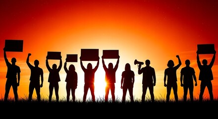 Fototapeta premium Silhouetted protesters holding signs and raising fists against a vibrant sunset sky