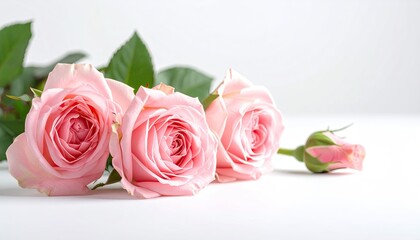 Obraz premium Three delicate pink roses with green leaves and a small bud rest on a clean white surface with soft natural lighting highlighting their soft petals and gentle curves