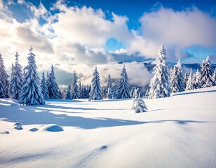 Snowy winter wonderland with sunlit peaks