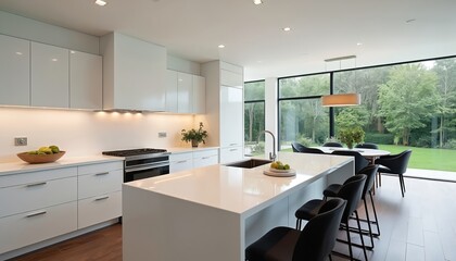 Bright modern white kitchen in luxury estate home. Minimalist design features clean lines, sleek cabinets, large island. Floor to ceiling windows offer beautiful view of green nature outside. Dining