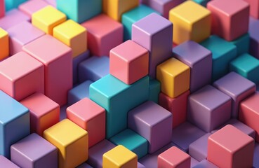 Obraz premium Pile of vivid colour blocks render. Abstract design with geometric shapes. Modern wallpaper, futuristic. Digital art with cube elements. Visual communication solution for building blocks, conceptual