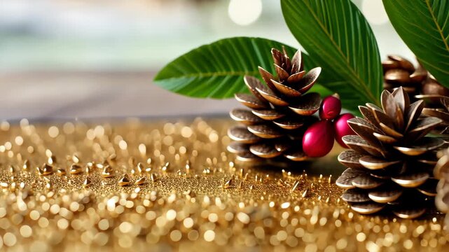 Create festive holiday decorations with pine cones and golden glitter for a cozy and elegant atmosphere