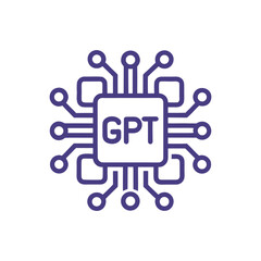 AI chip icon with the text ‘GPT’ in the center, connected with circuit lines, in a modern blue and cyan color scheme on a white background