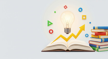 Open book yellow arrow glowing light bulb and colorful geometric shapes symbolize knowledge creativity and educational growth with stacked books on right and bright inspiring mood