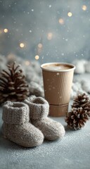 Cozy scene with coffee, booties, & pinecones on snowy surface