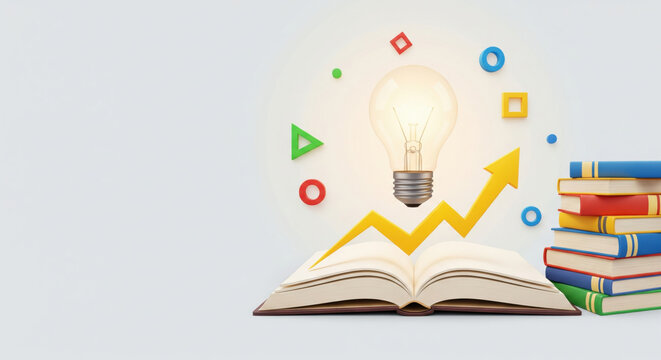 Open book yellow arrow glowing light bulb and colorful geometric shapes symbolize knowledge creativity and educational growth with stacked books on right and bright inspiring mood