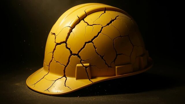 Cracked Yellow Hard Hat Symbol of Safety, Caution, and Resilience in Construction Environments with Essential Protective Gear