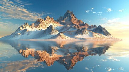 Obraz premium Abstract landscape with sharp mountain peaks, water reflections, blue sky & golden hour lighting, 3D high-resolution rendering 
