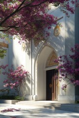 Fototapeta premium Ornate doorway framed by blooming branches and architectural details.