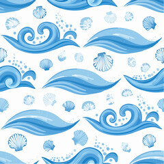 Obraz premium Seamless pattern featuring stylized blue ocean waves and various delicate seashells on a pristine white background, perfect for marine-themed designs and refreshing summer aesthetics
