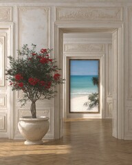 Fototapeta premium Elegant interior with flowering plant and ocean view artwork.