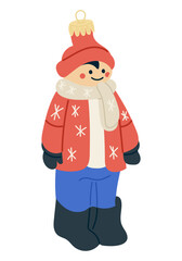 Hand drawn vintage style Christmas toy in shape of a child wearing winter clothes and hat, decorated in soft festive colors. Concept of holiday nostalgia, retro ornament, and christmas decoration