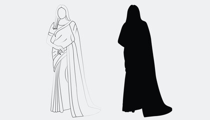 Black and white vector illustration of a woman wearing a traditional saree, symbolizing culture, grace, and elegance.