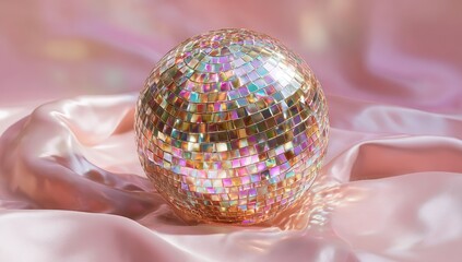 Mosaic sphere rests on shimmering, draped, pink satin