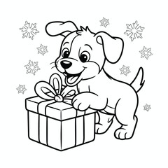 Cute vector puppy with gift box and snowflakes festive illustration scalable eps for holiday graphics silhouette vector illustration white background