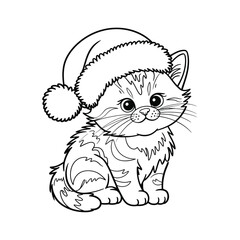 Charming black and white vector illustration of a cute kitten wearing a santa hat christmas themed art silhouette vector illustration white background